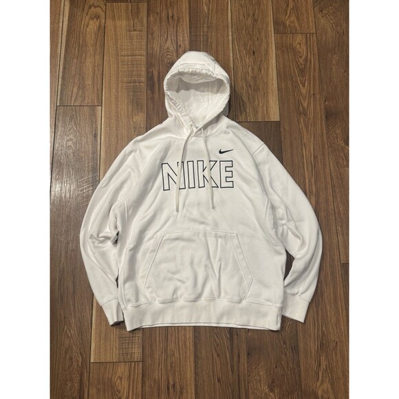 Nike Club Swoosh Hoodie Spellout Embroidered White Pullover Sweatshirt Sz L - Picture 1 of 6